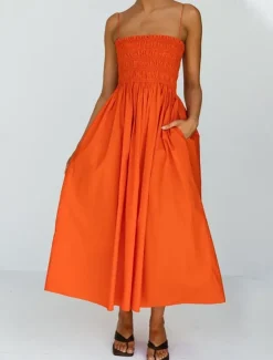 Women's Long Dress Maxi Dress Linen-Inspired Dresses Casual Dress Stylish Casual Vacation Daily Date Regular Fit Plain Sleeveless Strapless Pink Orange Green Summer Spring