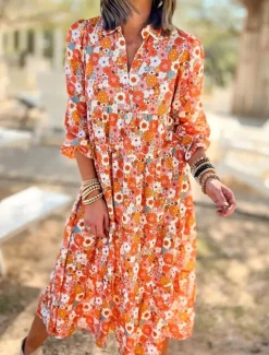 Women's Long Dress Maxi Dress Casual Dress A Line Dress Floral Dress Summer Dress Elegant Stylish Vacation Daily Date Regular Fit Floral Long Sleeve Lapel Orange Summer Spring