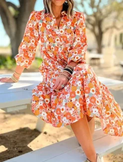 Women's Long Dress Maxi Dress Casual Dress A Line Dress Floral Dress Summer Dress Elegant Stylish Vacation Daily Date Regular Fit Floral Long Sleeve Lapel Orange Summer Spring