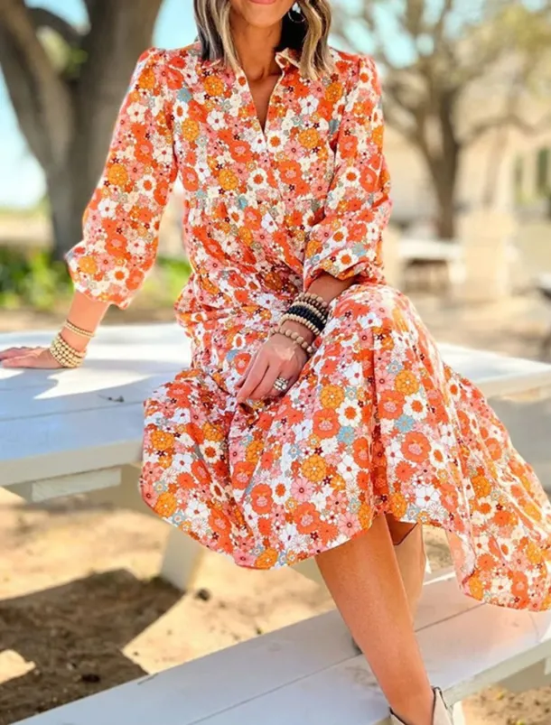 Women's Long Dress Maxi Dress Casual Dress A Line Dress Floral Dress Summer Dress Elegant Stylish Vacation Daily Date Regular Fit Floral Long Sleeve Lapel Orange Summer Spring