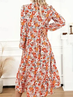 Women's Long Dress Maxi Dress Casual Dress A Line Dress Floral Dress Summer Dress Elegant Stylish Vacation Daily Date Regular Fit Floral Long Sleeve Lapel Orange Summer Spring