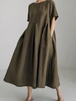 Women's Long Dress Maxi Dress Linen-Inspired Dresses Casual Dress Cotton Linen Dress Stylish Casual Vacation Daily Date Regular Fit Plain Short Sleeve Crew Neck Navy Blue Dark Green Apricot Summer