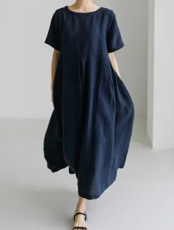 Women's Long Dress Maxi Dress Linen-Inspired Dresses Casual Dress Cotton Linen Dress Stylish Casual Vacation Daily Date Regular Fit Plain Short Sleeve Crew Neck Navy Blue Dark Green Apricot Summer