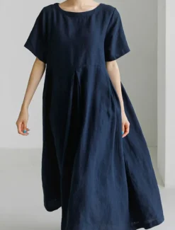 Women's Long Dress Maxi Dress Linen-Inspired Dresses Casual Dress Cotton Linen Dress Stylish Casual Vacation Daily Date Regular Fit Plain Short Sleeve Crew Neck Navy Blue Dark Green Apricot Summer