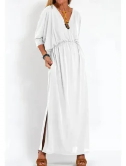 Women's Long Dress Maxi Dress Casual Dress Cocktail Dress Wedding Guest Dress Chiffon Dress Fashion Vacation Going out Weekend Regular Fit Plain Long Sleeve V Neck Black White Yellow Pink Summer