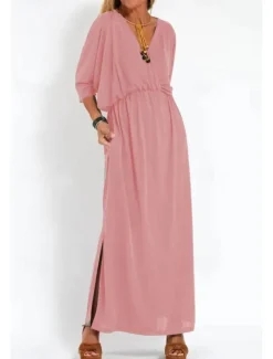 Women's Long Dress Maxi Dress Casual Dress Cocktail Dress Wedding Guest Dress Chiffon Dress Fashion Vacation Going out Weekend Regular Fit Plain Long Sleeve V Neck Black White Yellow Pink Summer