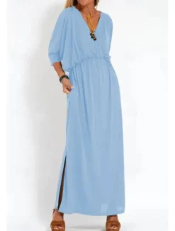 Women's Long Dress Maxi Dress Casual Dress Cocktail Dress Wedding Guest Dress Chiffon Dress Fashion Vacation Going out Weekend Regular Fit Plain Long Sleeve V Neck Black White Yellow Pink Summer