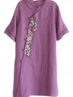Women's Long Dress Maxi Dress Linen-Inspired Dresses Casual Dress Vintage Stylish Casual Vacation Daily Regular Fit Floral Short Sleeve Stand Collar Blue Purple Summer