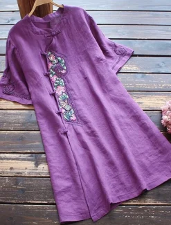 Women's Long Dress Maxi Dress Linen-Inspired Dresses Casual Dress Vintage Stylish Casual Vacation Daily Regular Fit Floral Short Sleeve Stand Collar Blue Purple Summer