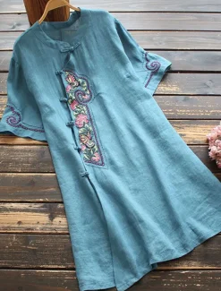 Women's Long Dress Maxi Dress Linen-Inspired Dresses Casual Dress Vintage Stylish Casual Vacation Daily Regular Fit Floral Short Sleeve Stand Collar Blue Purple Summer