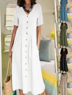 Women's Long Dress Maxi Dress Linen-Inspired Dresses Cotton Linen Dress Hawaiian Regular Fit Solid Color Short Sleeve V Neck dark brown claret White Summer Spring