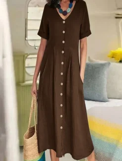 Women's Long Dress Maxi Dress Linen-Inspired Dresses Cotton Linen Dress Hawaiian Regular Fit Solid Color Short Sleeve V Neck dark brown claret White Summer Spring