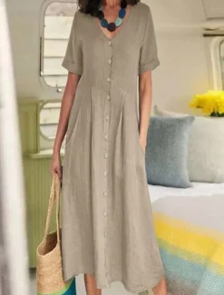 Women's Long Dress Maxi Dress Linen-Inspired Dresses Cotton Linen Dress Hawaiian Regular Fit Solid Color Short Sleeve V Neck dark brown claret White Summer Spring