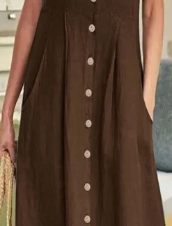 Women's Long Dress Maxi Dress Linen-Inspired Dresses Cotton Linen Dress Hawaiian Regular Fit Solid Color Short Sleeve V Neck dark brown claret White Summer Spring