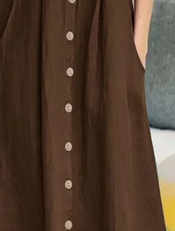 Women's Long Dress Maxi Dress Linen-Inspired Dresses Cotton Linen Dress Hawaiian Regular Fit Solid Color Short Sleeve V Neck dark brown claret White Summer Spring