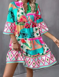 Women's Long Dress Maxi Dress Casual Dress A Line Dress Elegant Stylish Basic Flared Sleeve Vacation Daily Regular Fit Geometric Half Sleeve V Neck Blue Green Summer Spring