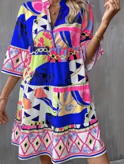 Women's Long Dress Maxi Dress Casual Dress A Line Dress Elegant Stylish Basic Flared Sleeve Vacation Daily Regular Fit Geometric Half Sleeve V Neck Blue Green Summer Spring