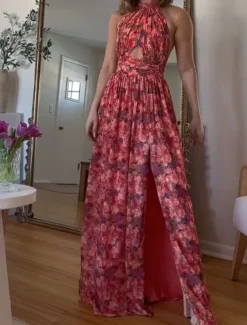 Women's Long Dress Maxi Dress Casual Dress Floral Dress Fashion Elegant Dress Outdoor Party Holiday Regular Fit Flower Sleeveless Halter Neck Red Summer