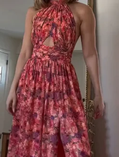 Women's Long Dress Maxi Dress Casual Dress Floral Dress Fashion Elegant Dress Outdoor Party Holiday Regular Fit Flower Sleeveless Halter Neck Red Summer