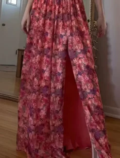 Women's Long Dress Maxi Dress Casual Dress Floral Dress Fashion Elegant Dress Outdoor Party Holiday Regular Fit Flower Sleeveless Halter Neck Red Summer