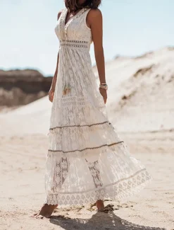 Women's Long Dress Maxi Dress Maxi Dress White Dress Boho Chic Dresses Boho Dress Bohemia Wedding Vacation Date Regular Fit Sleeveless V Neck White Apricot Summer