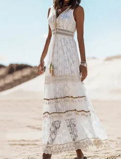 Women's Long Dress Maxi Dress Maxi Dress White Dress Boho Chic Dresses Boho Dress Bohemia Wedding Vacation Date Regular Fit Sleeveless V Neck White Apricot Summer