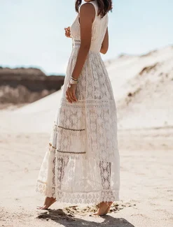 Women's Long Dress Maxi Dress Maxi Dress White Dress Boho Chic Dresses Boho Dress Bohemia Wedding Vacation Date Regular Fit Sleeveless V Neck White Apricot Summer