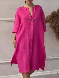 Women's Long Dress Maxi Dress Linen-Inspired Dresses Casual Dress Stylish Casual Vacation Daily Date Regular Fit Plain Long Sleeve V Neck Black Light Green Pink Red Summer Spring