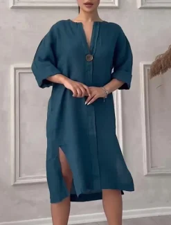 Women's Long Dress Maxi Dress Linen-Inspired Dresses Casual Dress Stylish Casual Vacation Daily Date Regular Fit Plain Long Sleeve V Neck Black Light Green Pink Red Summer Spring