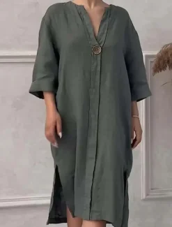 Women's Long Dress Maxi Dress Linen-Inspired Dresses Casual Dress Stylish Casual Vacation Daily Date Regular Fit Plain Long Sleeve V Neck Black Light Green Pink Red Summer Spring