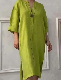 Women's Long Dress Maxi Dress Linen-Inspired Dresses Casual Dress Stylish Casual Vacation Daily Date Regular Fit Plain Long Sleeve V Neck Black Light Green Pink Red Summer Spring