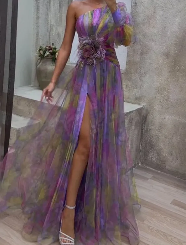 Women's Long Dress Maxi Dress Prom Dress Party Dress Fashion Modern Party Evening Party Tea Party Regular Fit Flower Long Sleeve One Shoulder Yellow Red Purple Summer