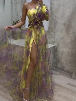 Women's Long Dress Maxi Dress Prom Dress Party Dress Fashion Modern Party Evening Party Tea Party Regular Fit Flower Long Sleeve One Shoulder Yellow Red Purple Summer