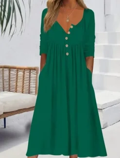 Women's Long Dress Maxi Dress Casual Dress Skater Dress Summer Dress Fashion Modern Vacation Daily Weekend Regular Fit Plain Long Sleeve V Neck Black Pink Wine Blue Summer