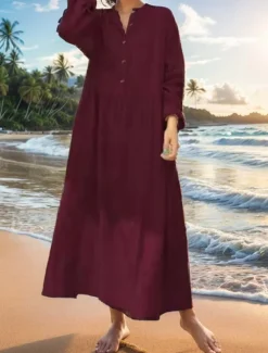 Women's Long Dress Maxi Dress Linen-Inspired Dresses Cotton Linen Dress Hawaiian Regular Fit Solid Color Long Sleeve Crew Neck claret Beige Summer Spring