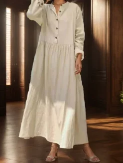 Women's Long Dress Maxi Dress Linen-Inspired Dresses Cotton Linen Dress Hawaiian Regular Fit Solid Color Long Sleeve Crew Neck claret Beige Summer Spring