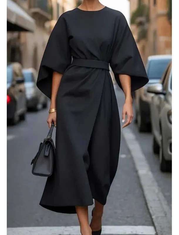 Women's Long Dress Maxi Dress Maxi Dress Elegant Dress Elegant Batwing Sleeve Regular Fit Solid Color 3/4 Length Sleeve Crew Neck Black Wine Purple Brown Fall