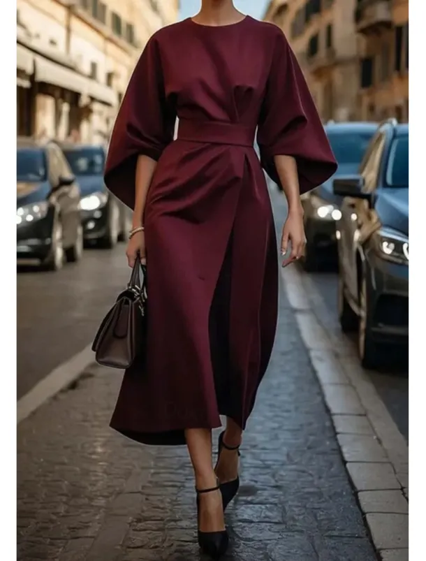 Women's Long Dress Maxi Dress Maxi Dress Elegant Dress Elegant Batwing Sleeve Regular Fit Solid Color 3/4 Length Sleeve Crew Neck Black Wine Purple Brown Fall