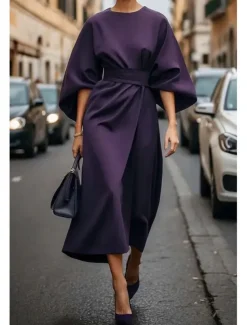 Women's Long Dress Maxi Dress Maxi Dress Elegant Dress Elegant Batwing Sleeve Regular Fit Solid Color 3/4 Length Sleeve Crew Neck Black Wine Purple Brown Fall