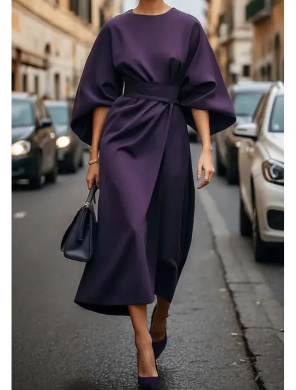 Women's Long Dress Maxi Dress Maxi Dress Elegant Dress Elegant Batwing Sleeve Regular Fit Solid Color 3/4 Length Sleeve Crew Neck Black Wine Purple Brown Fall