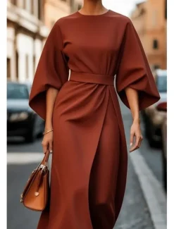 Women's Long Dress Maxi Dress Maxi Dress Elegant Dress Elegant Batwing Sleeve Regular Fit Solid Color 3/4 Length Sleeve Crew Neck Black Wine Purple Brown Fall