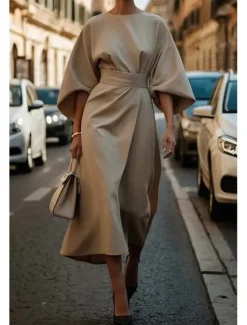 Women's Long Dress Maxi Dress Maxi Dress Elegant Dress Elegant Batwing Sleeve Regular Fit Solid Color 3/4 Length Sleeve Crew Neck Black Wine Purple Brown Fall