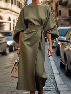 Women's Long Dress Maxi Dress Maxi Dress Elegant Dress Elegant Batwing Sleeve Regular Fit Solid Color 3/4 Length Sleeve Crew Neck Black Wine Purple Brown Fall