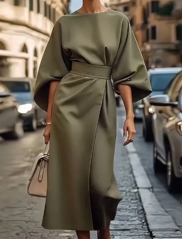 Women's Long Dress Maxi Dress Maxi Dress Elegant Dress Elegant Batwing Sleeve Regular Fit Solid Color 3/4 Length Sleeve Crew Neck Black Wine Purple Brown Fall