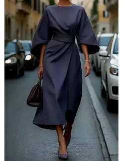 Women's Long Dress Maxi Dress Maxi Dress Elegant Dress Elegant Batwing Sleeve Regular Fit Solid Color 3/4 Length Sleeve Crew Neck Black Wine Purple Brown Fall