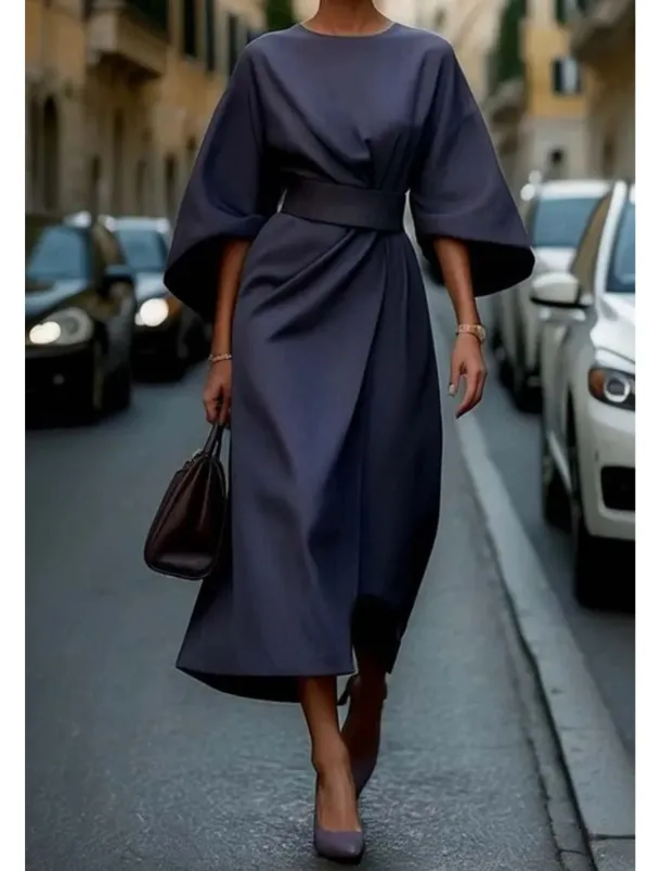 Women's Long Dress Maxi Dress Maxi Dress Elegant Dress Elegant Batwing Sleeve Regular Fit Solid Color 3/4 Length Sleeve Crew Neck Black Wine Purple Brown Fall