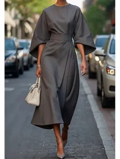 Women's Long Dress Maxi Dress Maxi Dress Elegant Dress Elegant Batwing Sleeve Regular Fit Solid Color 3/4 Length Sleeve Crew Neck Black Wine Purple Brown Fall