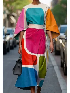 Women's Long Dress Maxi Dress Casual Dress Summer Dress Fashion Modern Daily Date Weekend Regular Fit Geometric 3/4 Length Sleeve Crew Neck Pink Blue Purple Fuchsia Summer