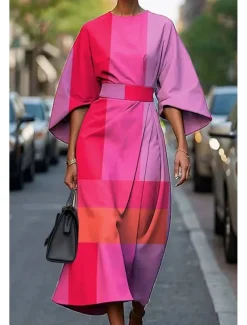 Women's Long Dress Maxi Dress Casual Dress Summer Dress Fashion Modern Daily Date Weekend Regular Fit Geometric 3/4 Length Sleeve Crew Neck Pink Blue Purple Fuchsia Summer