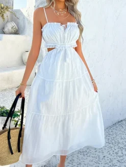 Women's Long Dress Maxi Dress White Dress Graduation Dress Casual Dress Swing Dress Fashion Modern Daily Beach Weekend Regular Fit Plain Sleeveless Spaghetti Strap Black White Yellow Blue Summer